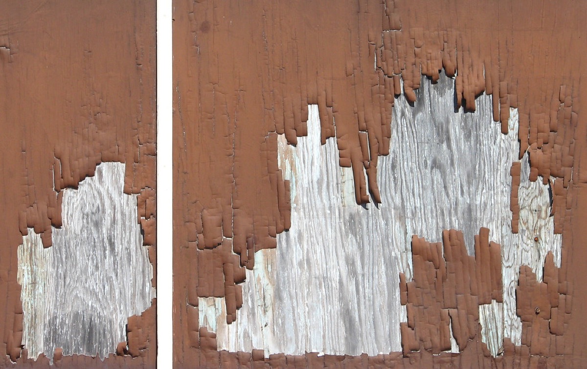 Close-up of a wall with significant peeling paint damage, revealing the plaster beneath.