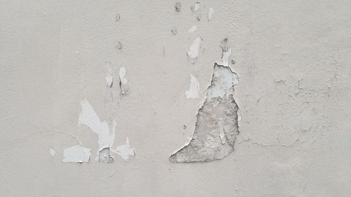 Close-up of paint bubbling and peeling on a wall, indicating moisture damage beneath the surface.