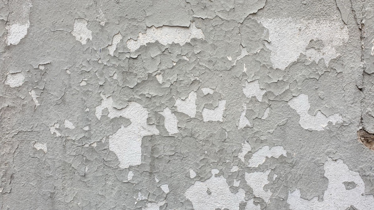 Close-up of a damaged interior wall with paint visibly peeling and flaking off, revealing the substrate beneath.